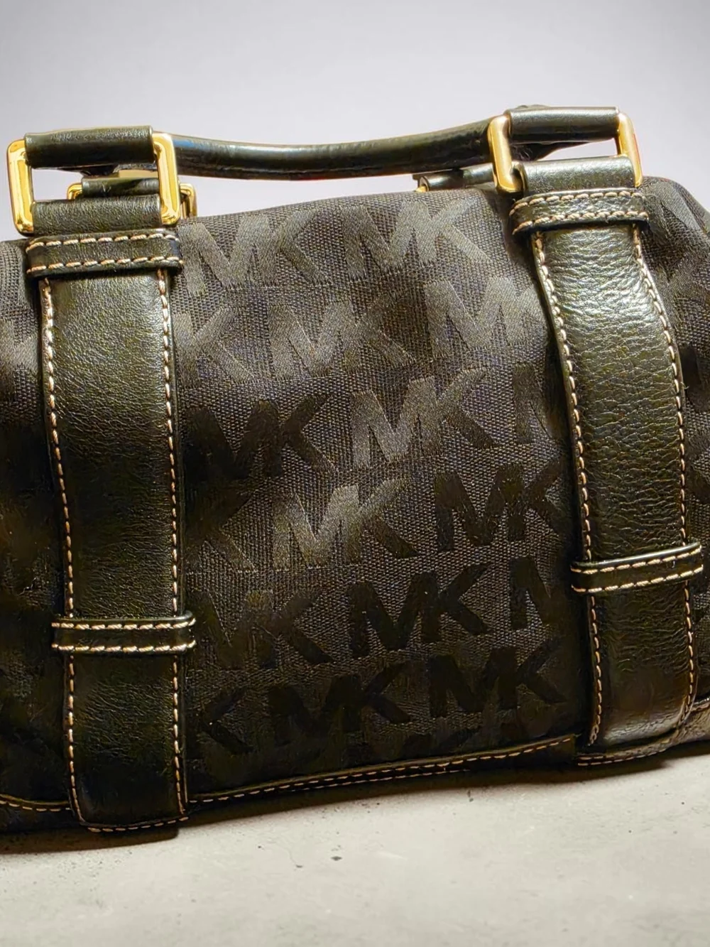 Michael Kors Black Monogram Satchel with Gold Hardware